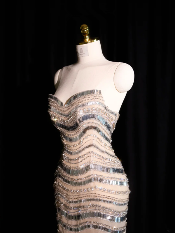 Light apricot base with silver sequins, strapless, fitted long ball gown, bridal dress R8907