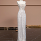 Light-colored strapless rhinestone-embellished fitted long elegant ball gown, bridal dress R8329