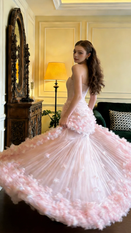 Light pink strapless, fitted, fishtail long ball gown, bridal dress R8573