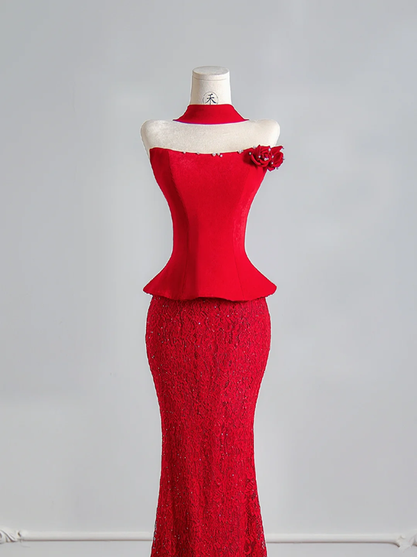 Red strapless fitted waist sexy top with lace bodycon skirt ball gown, wedding dress R8137