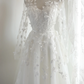 White sheer printed long-sleeved fitted ball gown R6790