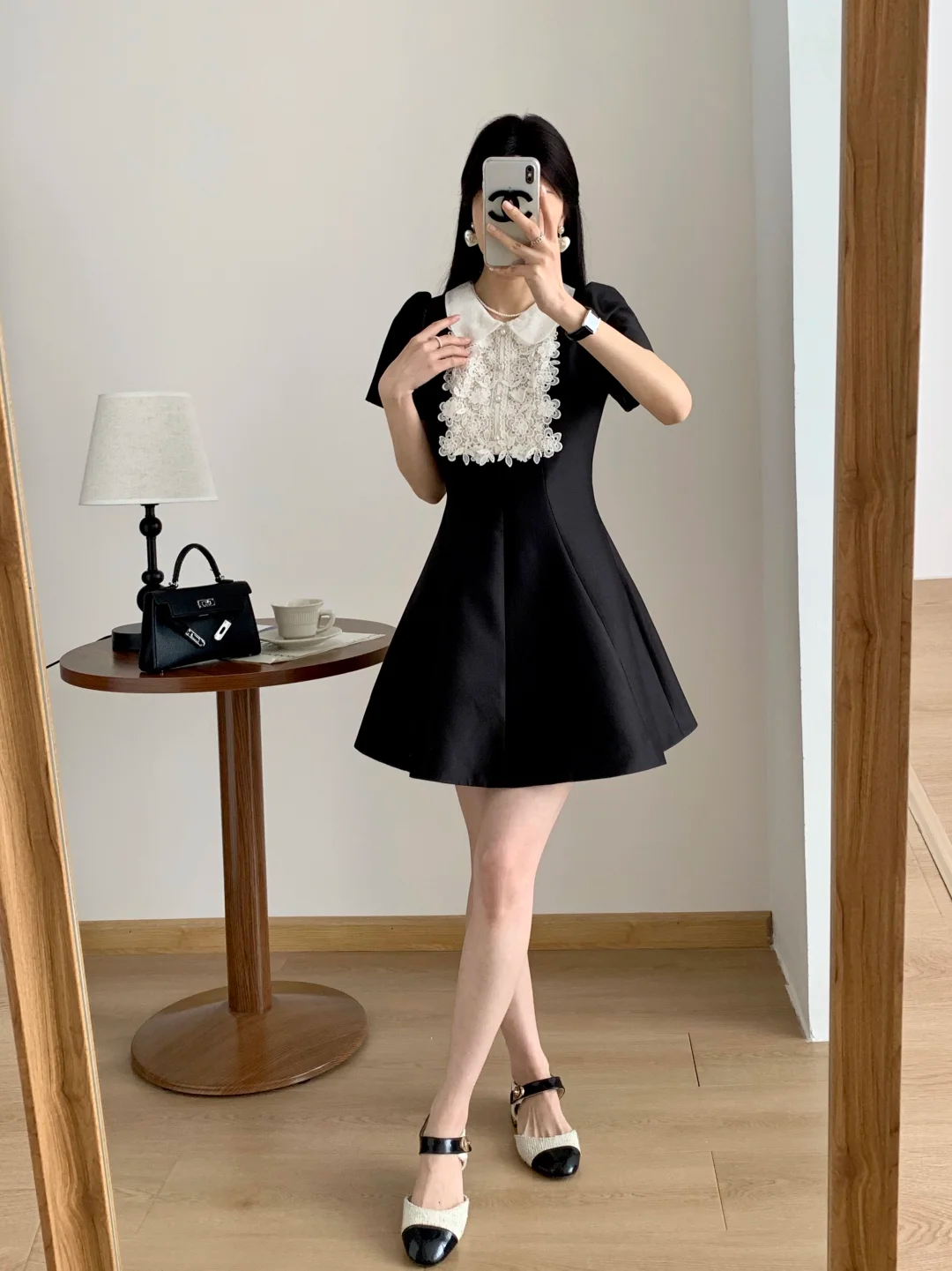 Black short skirt white formal neckline waist slim A-line short skirt homecoming dress R4208