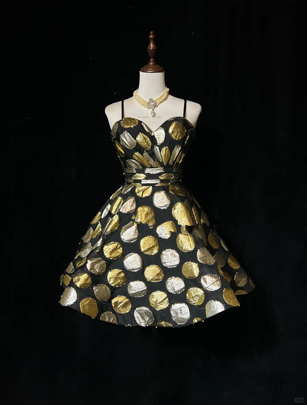 Black background circular pattern suspender waist puffy A-line skirt short skirt homecoming dress R4938