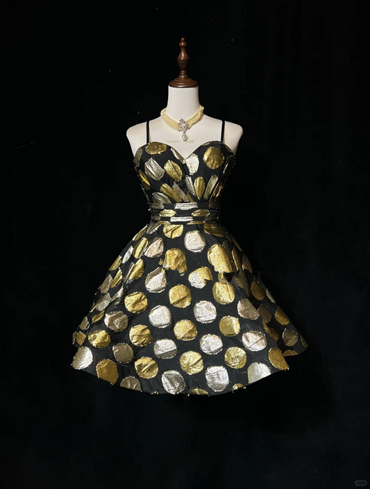 Black background circular pattern suspender waist puffy A-line skirt short skirt homecoming dress R4938