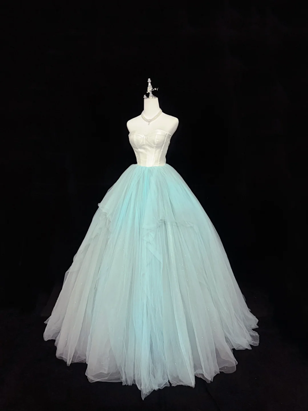 White strapless fitted bodice with light green tulle skirt, long ball gown R9057
