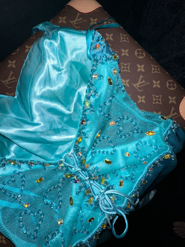 Lake blue halter neck rhinestone fitted waist elegant fairy long ball gown R6910