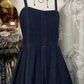 Dark blue denim overalls fitted waist long dress, prom dress R6271