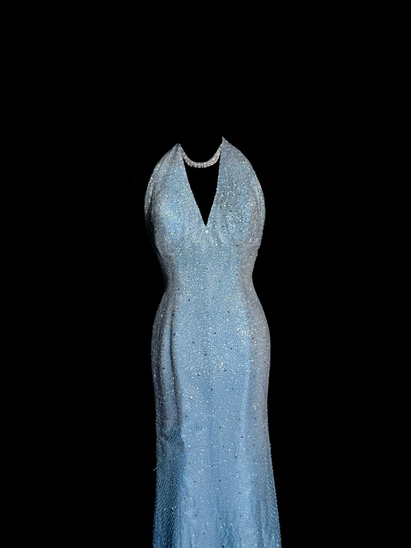 Light blue halter neck rhinestone fitted long ball gown R6671