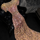 Gold sequined round neck fitted waist long ball gown, bridal dress R8787