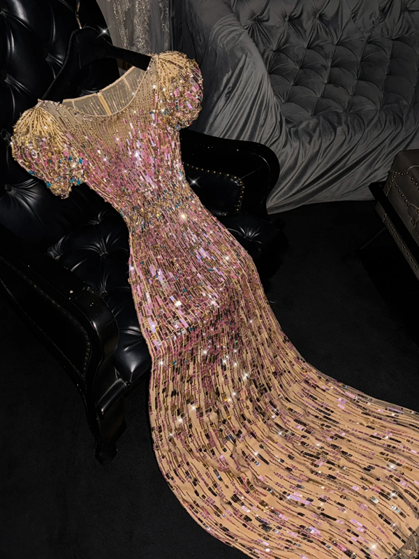 Gold sequined round neck fitted waist long ball gown, bridal dress R8787
