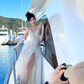White Spaghetti Strap Waist-Cinched Fitted High-Slit Sexy Floor-Length Prom Dress R7110