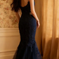Navy blue halter-neck embroidered fitted waist bodycon long ball gown R6711