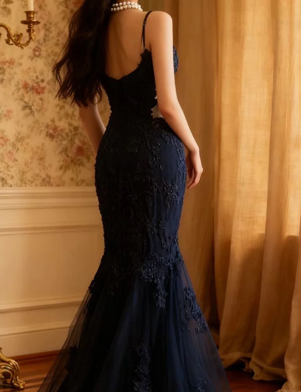 Navy blue halter-neck embroidered fitted waist bodycon long ball gown R6711