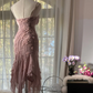Light pink halter-neck fitted waist slim-fitting irregular hem midi ball gown R7706
