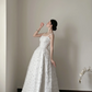 White spaghetti strap, small floral, waist-cinched, slim-fit long prom dress R7976