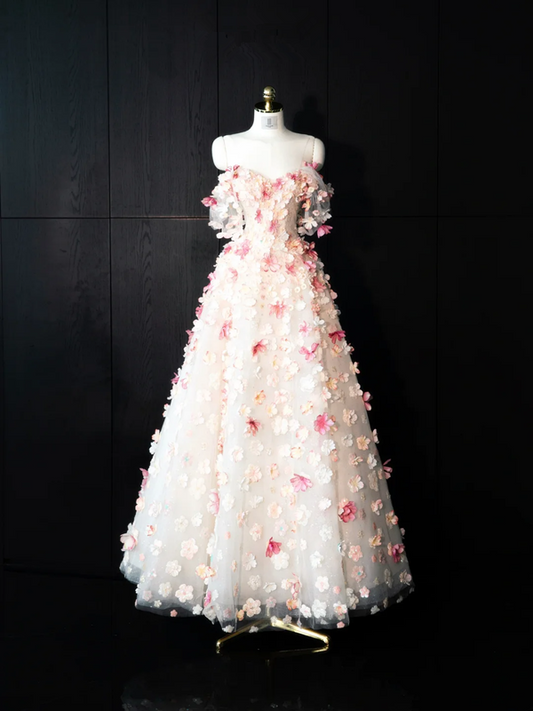 Pink floral off-the-shoulder fitted long ball gown, bridal dress R8967
