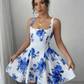 White background printed halter waist slim A-line short skirt homecoming dress R3210