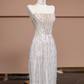 Light-colored strapless rhinestone-embellished fitted long elegant ball gown, bridal dress R8329