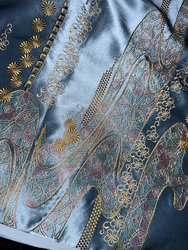 Light blue fitted floral print midi ball gown with a classic, elegant style R6869