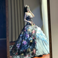 Black retro-style strapless, fitted waist ball gown with light blue tulle skirt R8634