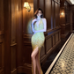 Gold halter neck rhinestone fitted waist sexy long ball gown R7070