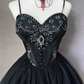 Black suspender diamond waist slim A-line short dress homecoming dress R4898