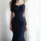 Navy blue halter-neck embroidered fitted waist bodycon long ball gown R6711