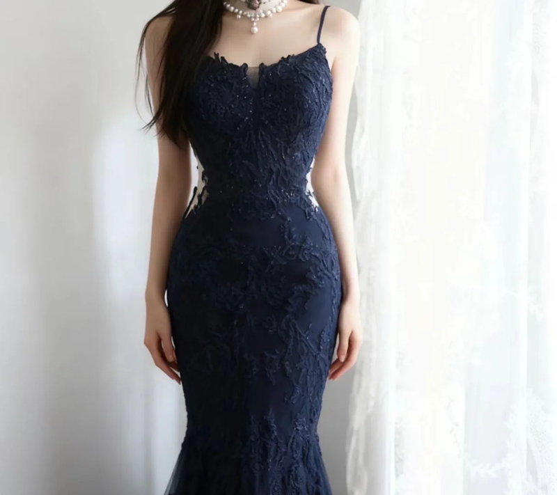 Navy blue halter-neck embroidered fitted waist bodycon long ball gown R6711