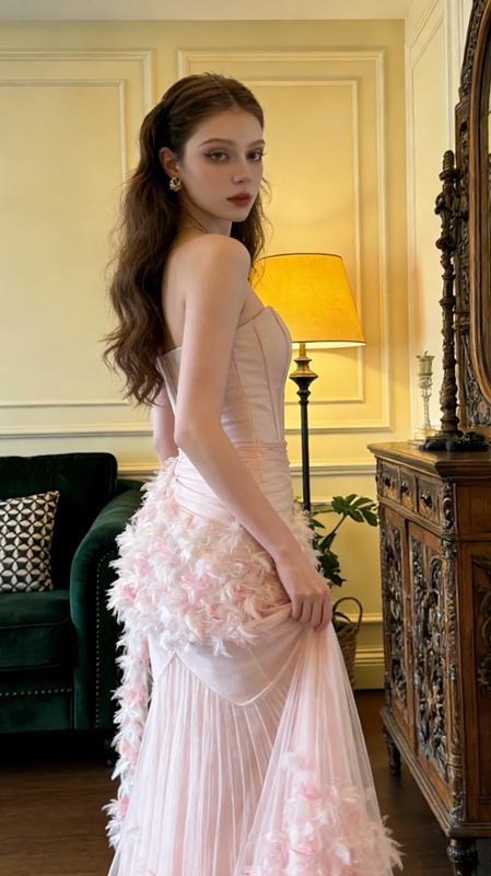 Light pink strapless, fitted, fishtail long ball gown, bridal dress R8573