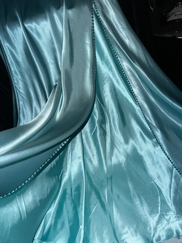 Lake blue halter neck rhinestone fitted waist elegant fairy long ball gown R6910