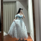 Light blue off-the-shoulder fitted waist slim-fitting ball gown with a full skirt R8847