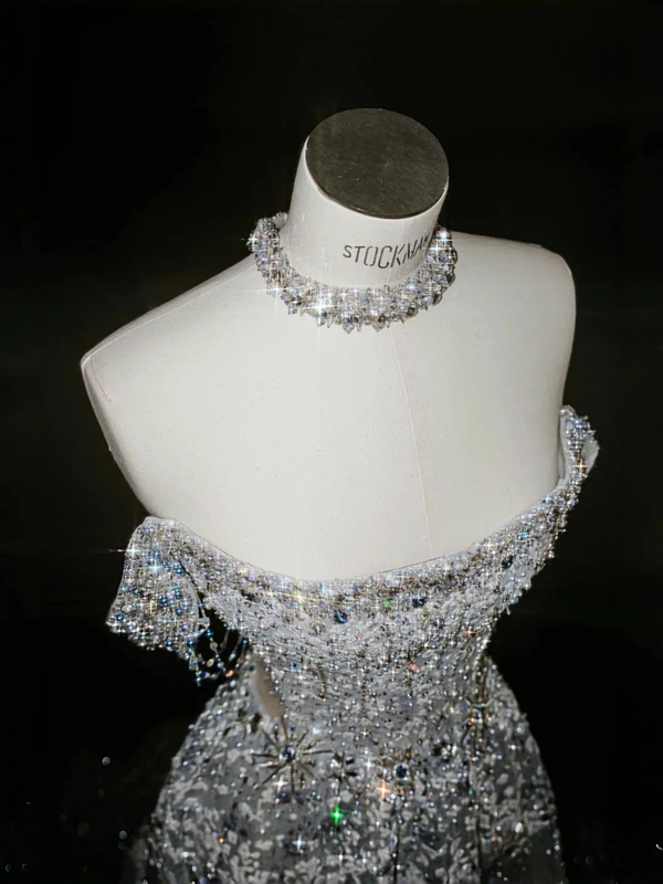 White one-shoulder diamond slim waist A-line elegant long skirt, prom dress R5640