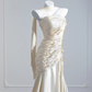 Light apricot strapless, fitted, pleated long ball gown R8271