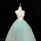 White strapless fitted bodice with light green tulle skirt, long ball gown R9057