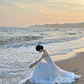 White spaghetti‑strap waist‑cinched long elegant prom gown R8016