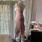 Light pink halter-neck fitted waist slim-fitting irregular hem midi ball gown R7706