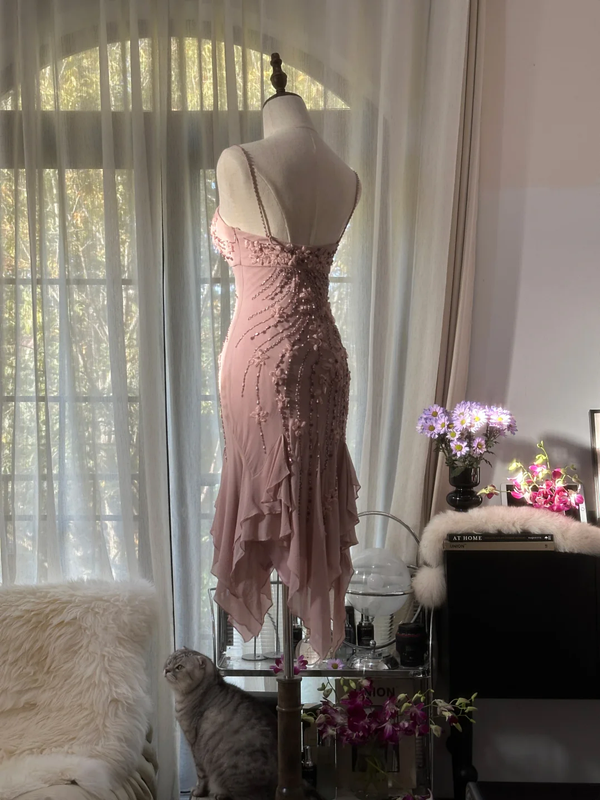 Light pink halter-neck fitted waist slim-fitting irregular hem midi ball gown R7706