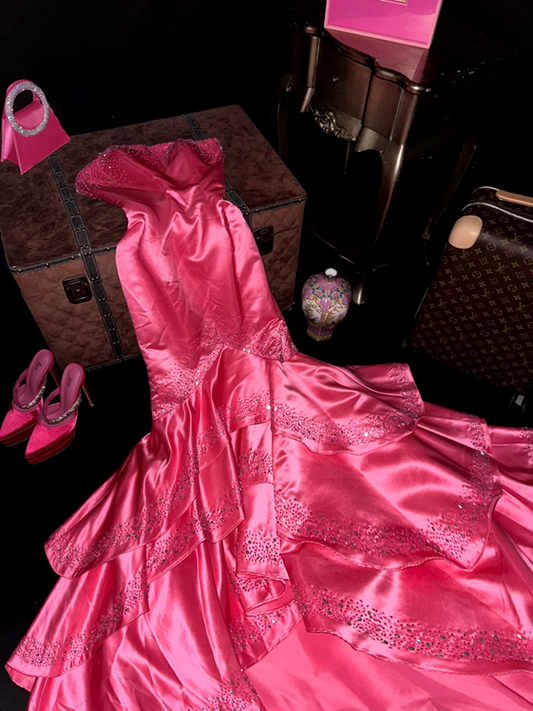 Pink strapless fitted mermaid skirt long ball gown R7029
