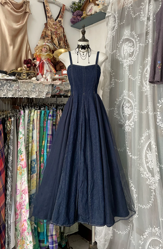 Dark blue denim overalls fitted waist long dress, prom dress R6271