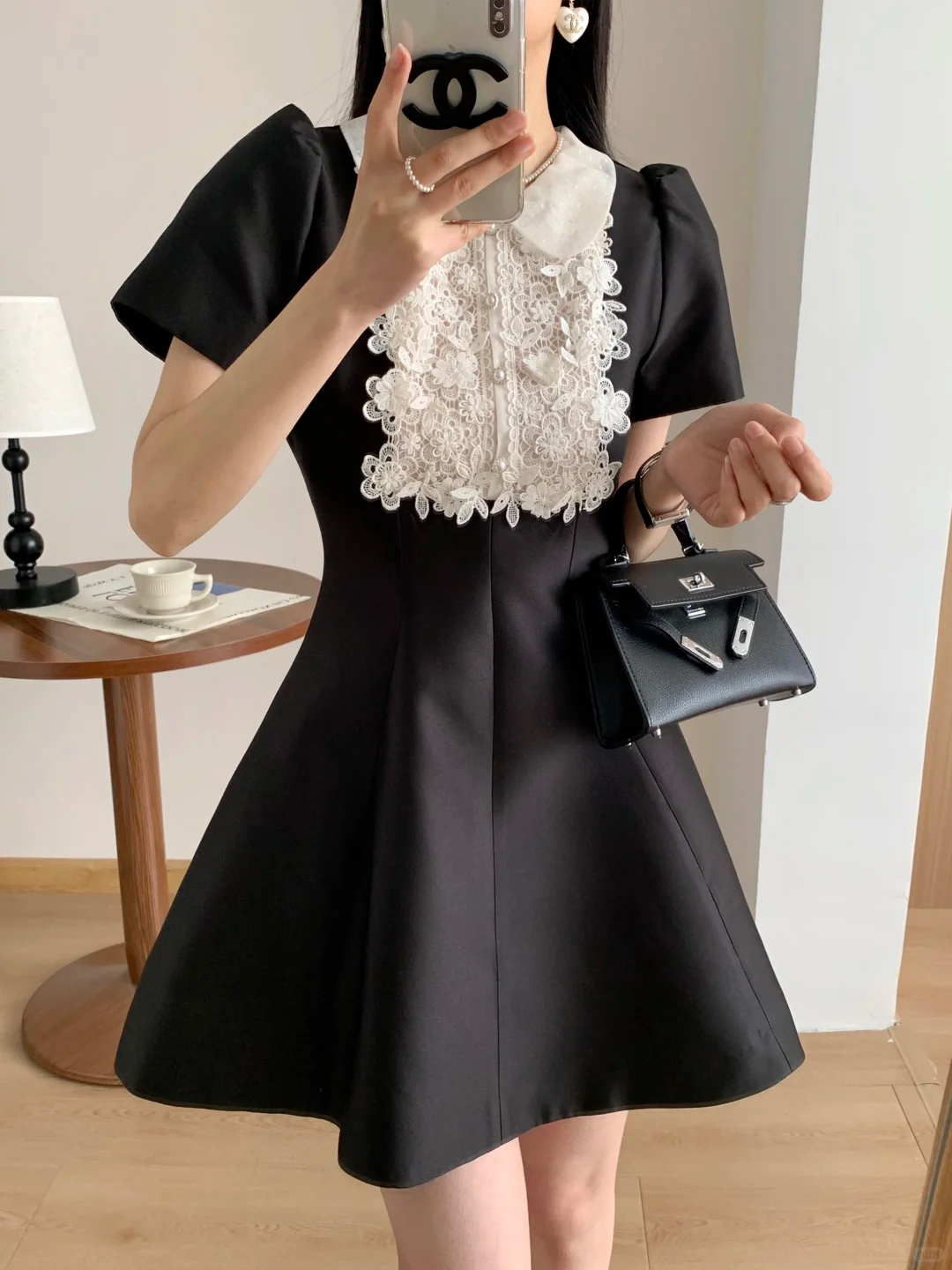 Black short skirt white formal neckline waist slim A-line short skirt homecoming dress R4208
