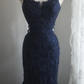 Navy blue halter-neck embroidered fitted waist bodycon long ball gown R6711