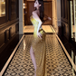Gold halter neck rhinestone fitted waist sexy long ball gown R7070