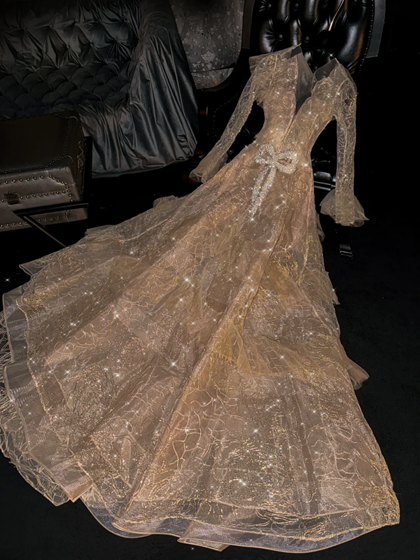 Gold V-neck long-sleeved fitted long sexy ball gown/bridal dress R8757