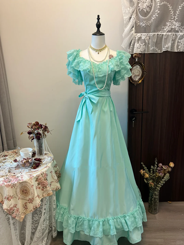 Green baby doll collar slim waist slimming cute long skirt homecoming dress R4329