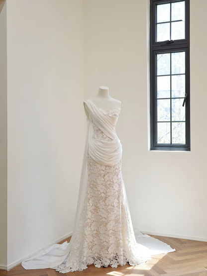 White one-shoulder design, fitted waist, sexy lace long ball gown, bridal gown R8506