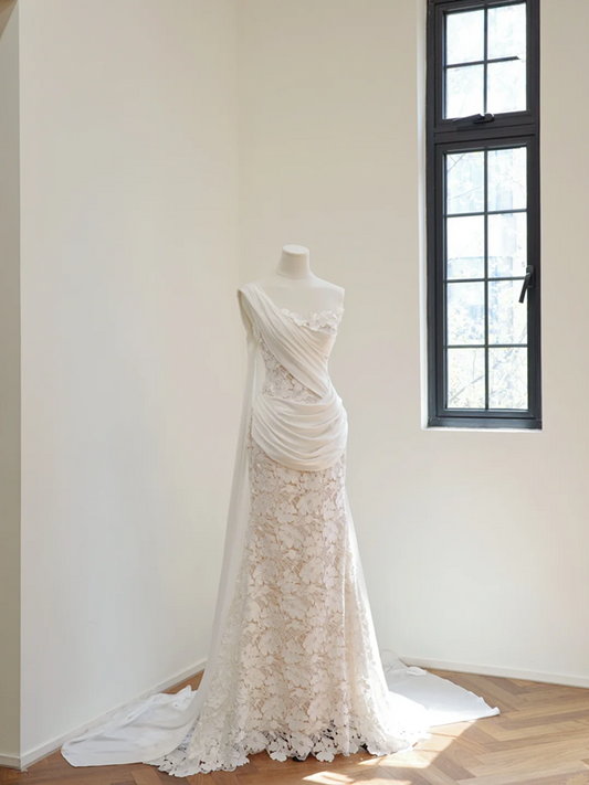 White one-shoulder design, fitted waist, sexy lace long ball gown, bridal gown R8506