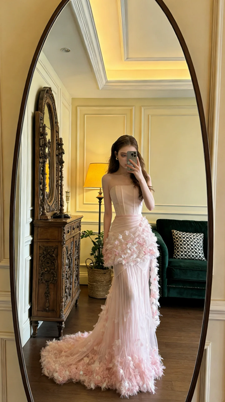Light pink strapless, fitted, fishtail long ball gown, bridal dress R8573