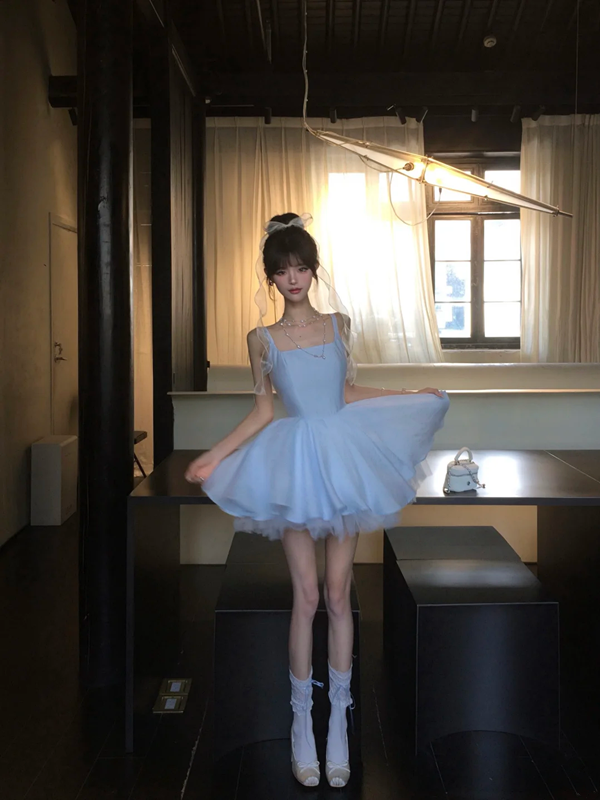 Light blue suspender satin waist slim fit princess skirt homecoming dress R5060