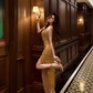 Gold halter neck rhinestone fitted waist sexy long ball gown R7070