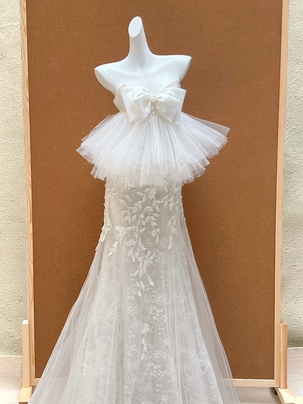 White bow neckline hip sexy long dress bridal gown R5758